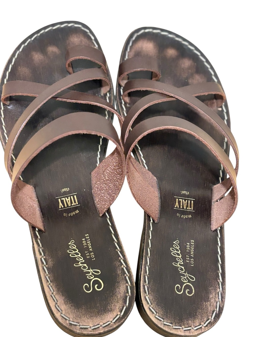 Seychelles Brown Leather Strappy Slide Sandals Made In Italy Size 8.5